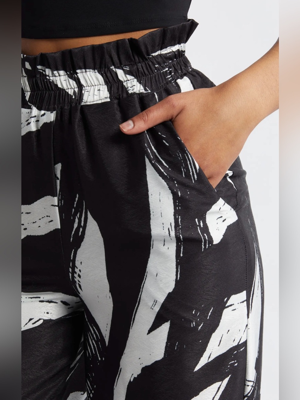 DIARRABLU Leer Suto Print Elasticized High Rise Waist Palazzo Pant Black White - Picture 10 of 10